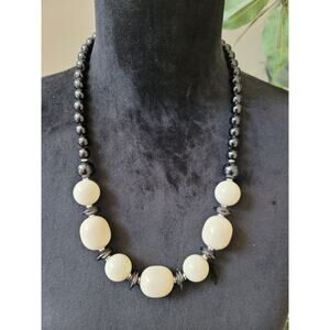 Women Black And Cream Beaded Necklace With Round Spring Ring Lock Elegant Design
